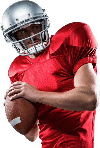 American football quarterback in red jersey preparing to throw with transparent background