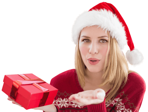 Festive Woman Offering Christmas Gift on Transparent Background