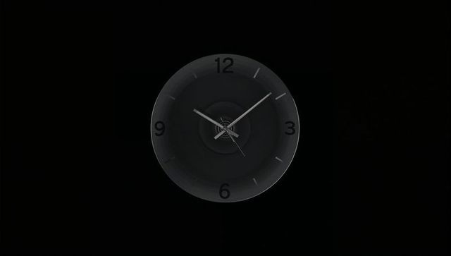 Futuristic analog clock floating in dark minimalist setting