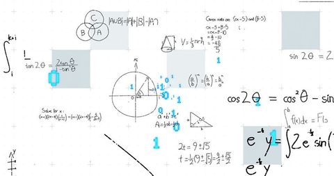 Mathematical collage illustrating formulas and concepts on grid paper