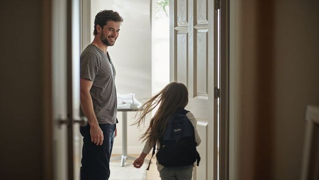 Smiling father watching child leaving for school with backpack through sunlit doorway