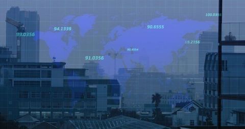 Urban skyline displaying world map overlay, construction cranes, rooftop solar panels