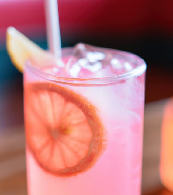 Close up of pink lemonade on black background created using generative ai technology. Drink, flavour and food concept, digitally generated image.