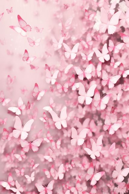 This image captures a large group of pink butterflies flying in a dreamlike, surreal setting, perfect for themes of nature beauty, transformation, and grace. Ideal for greeting cards, wallpapers, posters, and nature-themed websites.