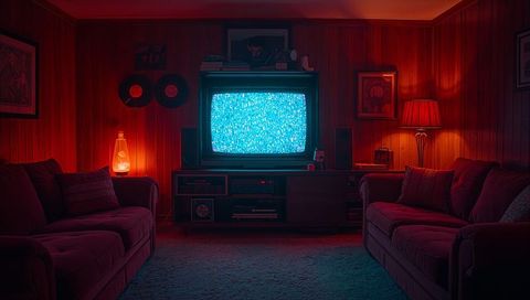 Vintage CRT Television with Blue Static in Retro Basement Room