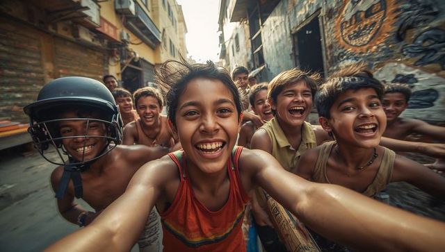 Energetic boys running and laughing in urban alleyway
