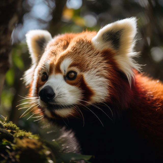 Cuddly red panda nestled among branches in woodland area. Ideal for wildlife publications, educational content on endangered species, conservation efforts. Can be used in exotic animal features and related nature topics.