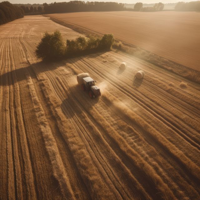 Tractor harvesting wheat field during golden hour with hay bales in background. Captures essence of agriculture, farming, and rural life. Ideal for content on food production, farming industry, sustainability, agricultural technology, or rural countryside imagery.