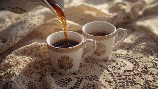 Pouring coffee into ornate gold-trimmed porcelain cups on vintage lace morning ritual