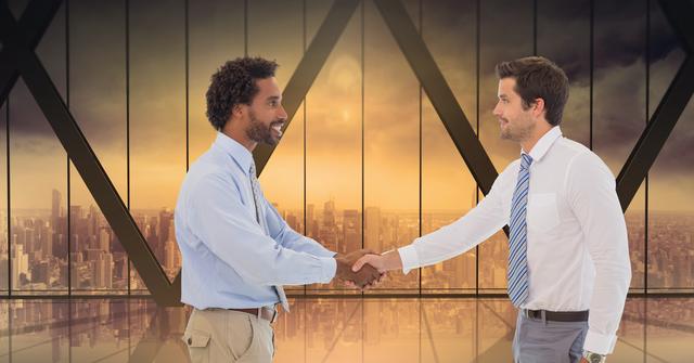 Digital composite of Businessmen doing handshake in office
