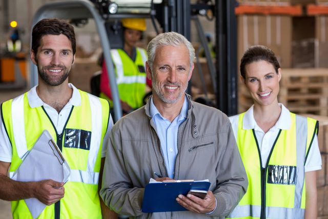 Portrait of warehouse manager and workers standing together in warehouse