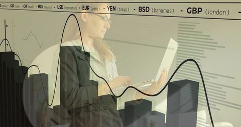 Female executive analyzing finance data dashboard with 3d charts and currency ticker
