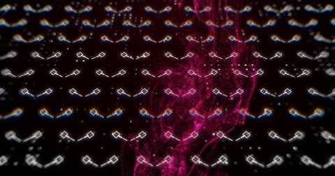 Streaming magenta plume over neon digital grid with diamond nodes and chromatic fringes