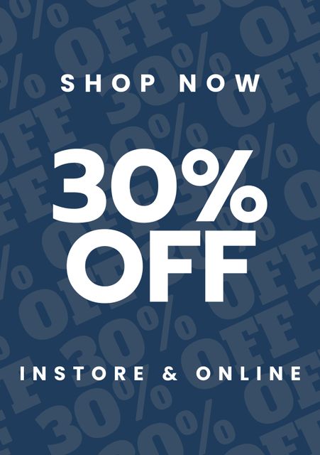 Attractive promotional banner announces a 30% discount available both in store and online. This image is perfect for retailers looking to draw attention to special offers and drive sales. It can be used on social media, websites, email newsletters, and in-store signage to effectively communicate a significant discount and encourage shopping.