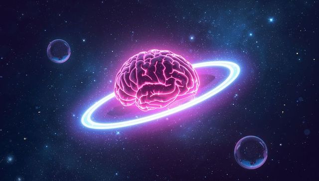 Neon brain orbiting cosmic space with glowing cyan-pink ring and floating orbs