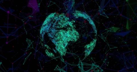Neon wireframe globe connecting global nodes and data mesh, tracing digital earth networks