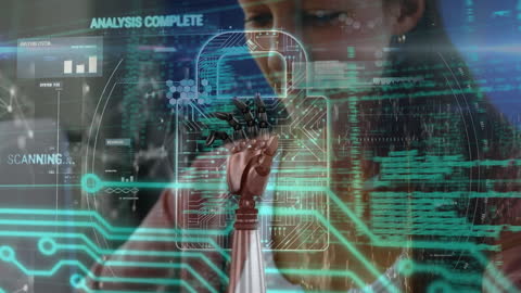 Digital Security Concept with Robotic Hand and Student