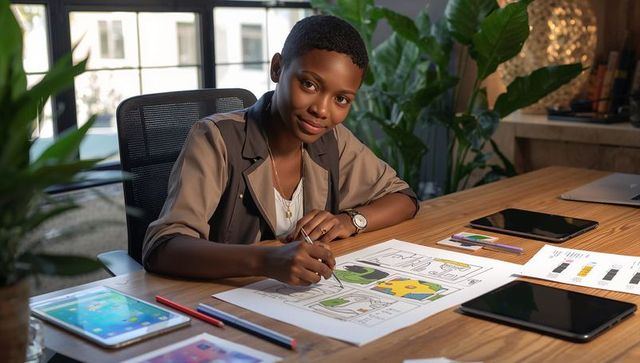 Creative ui designer sketching mobile app wireframes at modern workspace with tablets