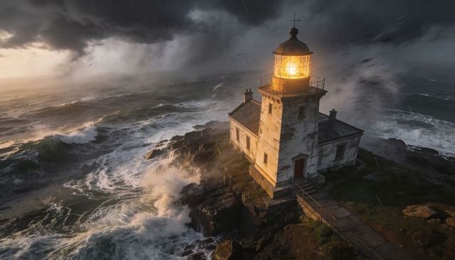 Storm-lashed lighthouse emitting golden beacon over rugged rocky coastline at dusk