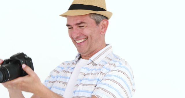 Smiling Man with Camera Wearing Fedora - Download Free Stock Images Pikwizard.com