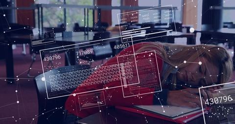 Female student resting head on notebook with augmented reality data overlays in library