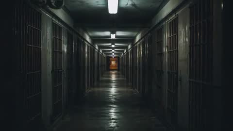 CCTV Monitoring Capturing Prison Cellblock Corridor with Symmetrical Bars and Amber Gate