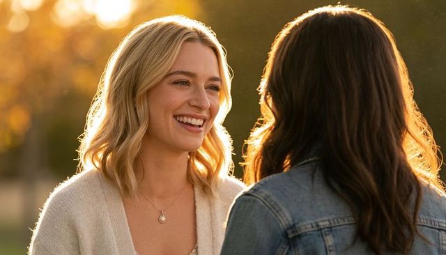 Smiling blonde woman talking with friend during golden hour outdoors, backlit