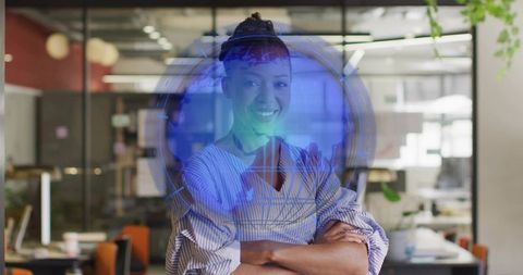Confident Professional Woman in Office Environment with Futuristic Hologram