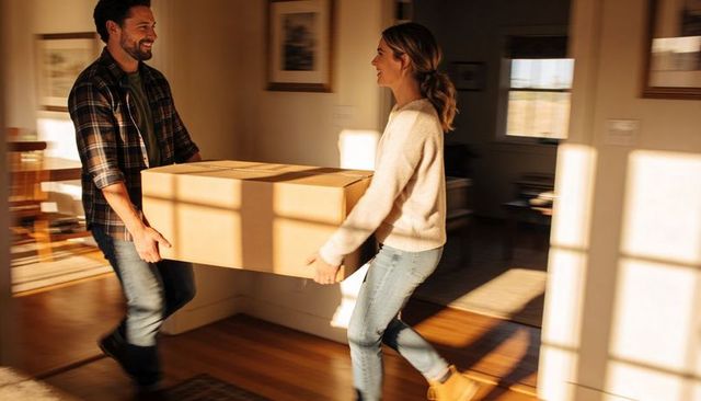 Couple carrying moving box through sunlit home showcasing teamwork and new home joy