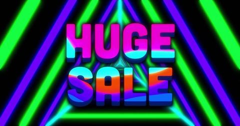Huge sale neon 3d text with glowing triangular beams retro futuristic digital banner promo