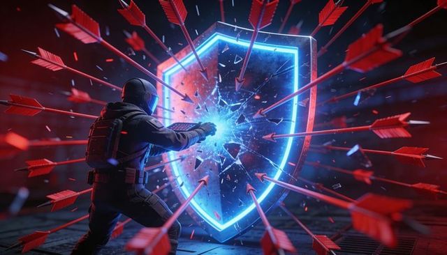 Armored operative bracing gauntlet into neon shield deflecting red arrow barrage