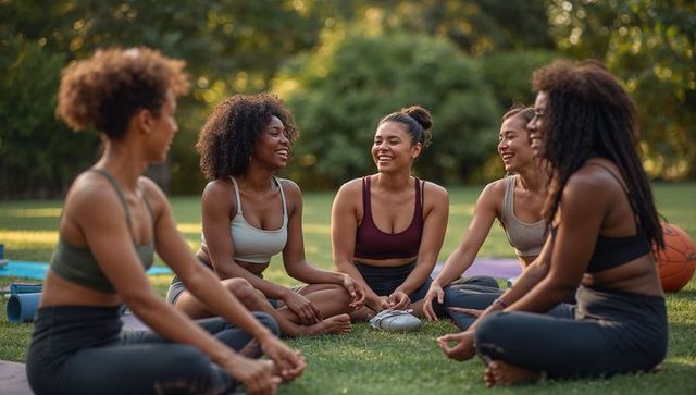 Diverse women laughing and chatting during outdoor yoga session on grass enjoying golden hour