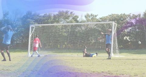 Amateur soccer players reacting to goal at white net on sunny grass field with ball flying