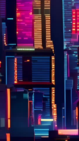 Vertical opening shot capturing LED-lit facades and rooftop beams in futuristic skyline