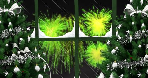 Festive christmas window with sparkling green fireworks