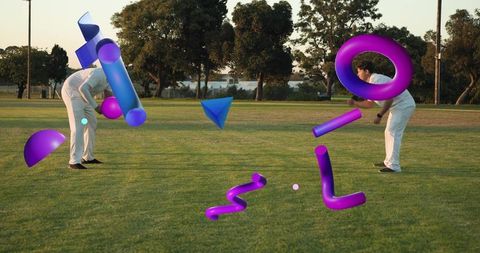 Cricket players opposing on park field at sunset wearing white uniforms with purple 3d shapes