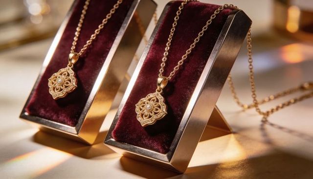 Displaying gold filigree floral pendant necklaces on burgundy velvet stands