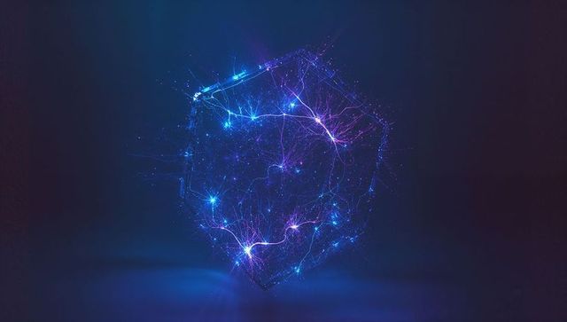 Futuristic Wireframe Polyhedron with Pulsing Neon Networks