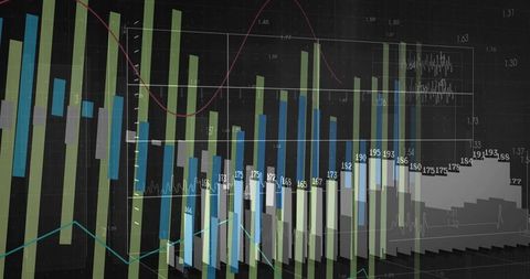 3D Financial Analytics Dashboard Showing Multi-Series Bar Charts, Line Trends and Grid
