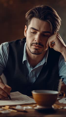 Man analyzing charts at desk with fountain pen and coffee cup, introspective vertical video