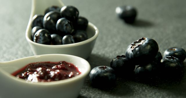 Fresh Blueberries with Jam in White Bowls on Dark Surface - Download Free Stock Images Pikwizard.com