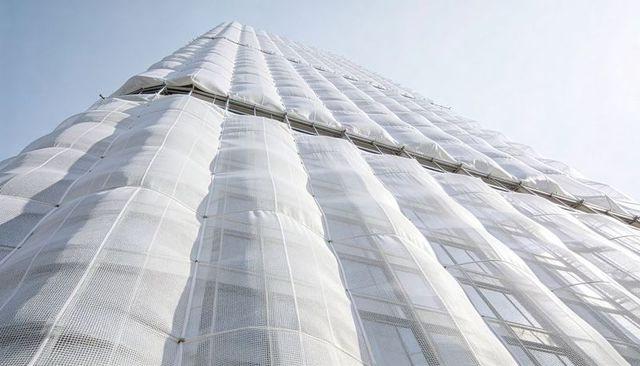 High-rise facade undergoing renovation wrapped in white safety mesh and scaffolding