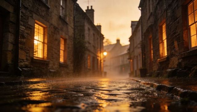 Rain-soaked cobblestone lane reflecting warm window light and misty lamppost glow