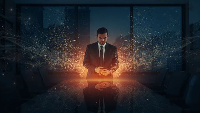 Executive touching holographic interface over reflective boardroom table night skyline