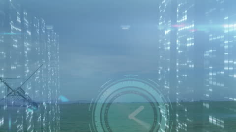 Futuristic Overlay of Digital Clock and Wind Turbine