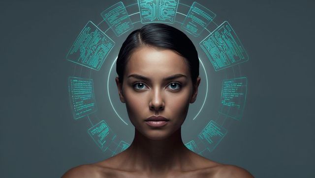 Futuristic ai headshot of woman with holographic circuit halo and floating code panels