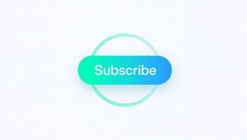 Floating teal-blue subscribe button with circular gradient ring on pale gray background