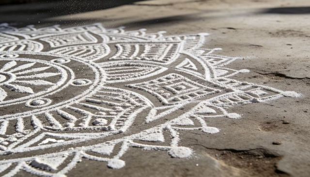 Handmade white rangoli mandala creating intricate raised powder patterns on stone courtyard