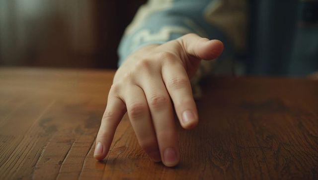 Gentle Hand Delicately Touching Wooden Table Surface