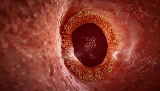 Close-up mucosal canal with ciliated ring and central lumen containing embryo cluster